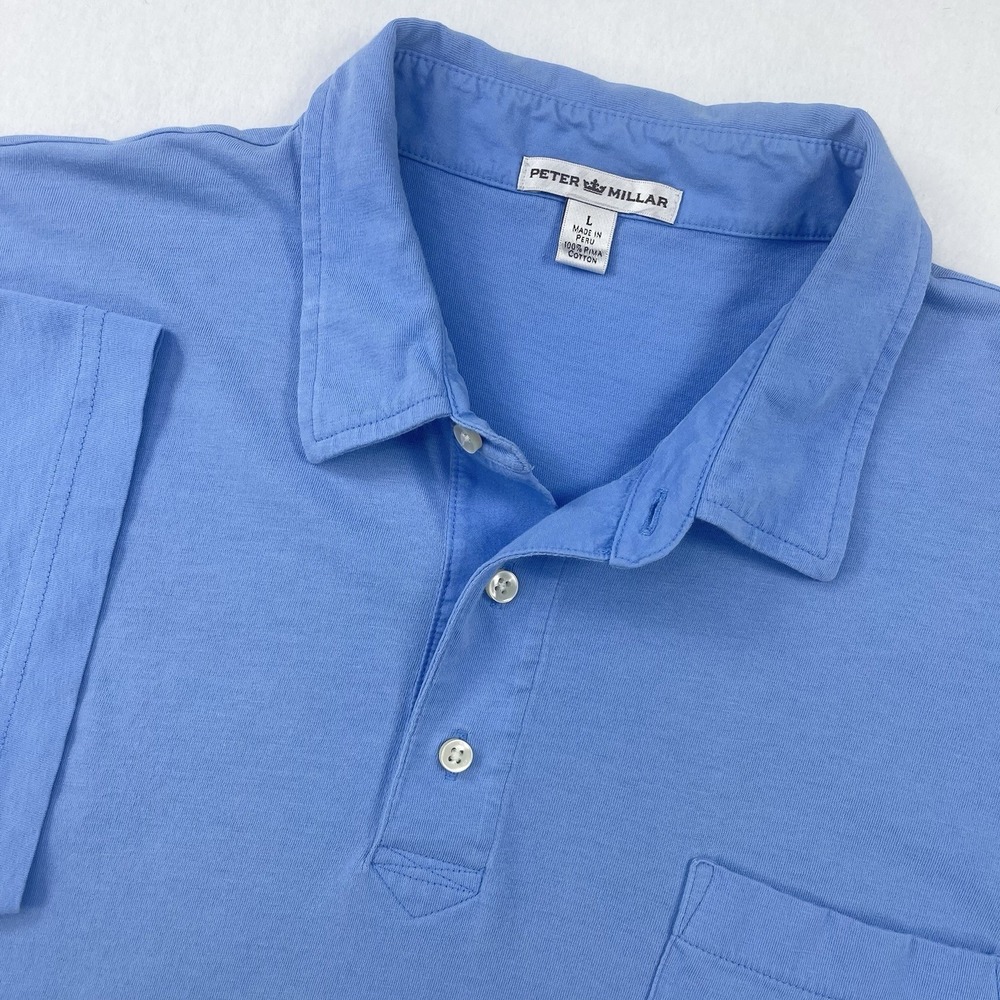 Peter Millar Polo Shirt Mens L Blue Solid Short Sleeve Classic Preppy Pocket